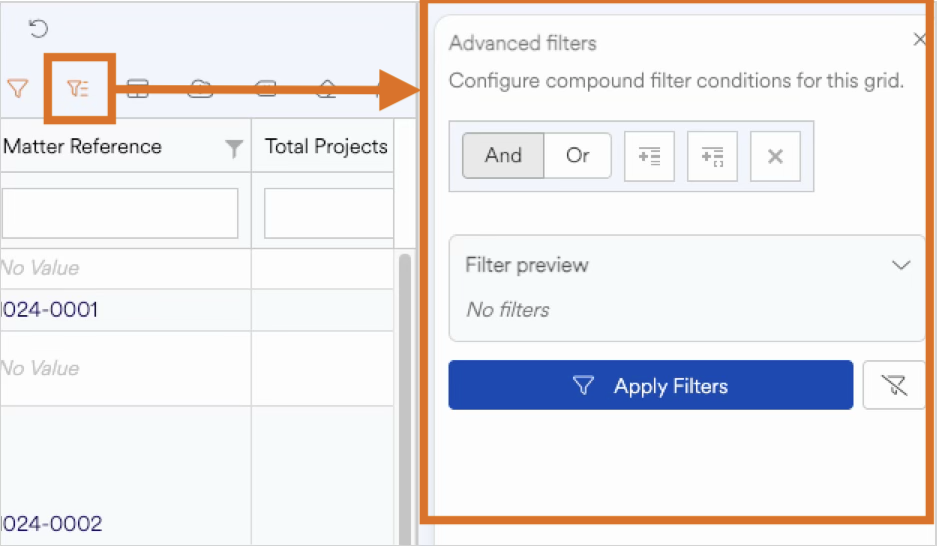 Advanced filters section for configuring grid filter conditions in a project management tool.